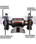 Shop Ready Six Inch Bench Grinder Powered By A Half Horsepower Motor Spinning 3450 RPM with oversized eye shields and wire wheel.