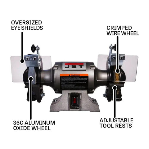 Shop Ready Six Inch Bench Grinder Powered By A Half Horsepower Motor Spinning 3450 RPM with oversized eye shields and wire wheel.