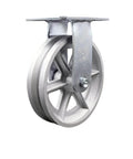 Swivel caster with 8x2 inch silver steel wheel, top-plate mount, V-groove, 1250 lb capacity