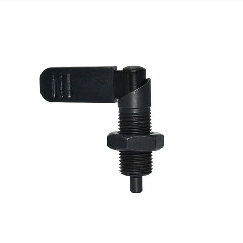 Lever Type Indexing Plunger With Spring Loaded Lock Pin 180 Degree Fine Thread M16 Insert side view showing black finish and locking mechanism.