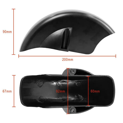 8 Inch Electric Skateboard Front Mudguard Shield, black fender, top and side view