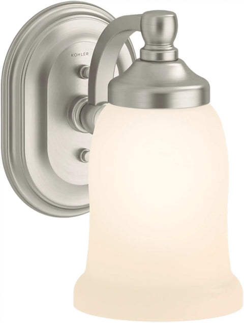Bancroft Single Sconce With Frosted Glass Shade, Brushed Nickel Finish, Adjustable Up Or Down Light, Damp Location Rated