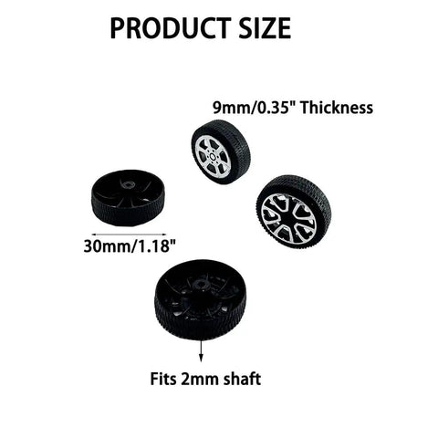 Image showing dimensions of Twenty Piece Plastic Toy Car Wheels With 2mm Shafts For RC Cars Trucks Robots And DIY Models Style 1 Kit.