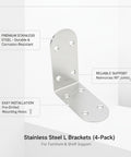 Rock Solid Stainless Steel L Brackets 90 Degree Corner Brace For Furniture And Shelf Reinforcement 4 Pack product close-up