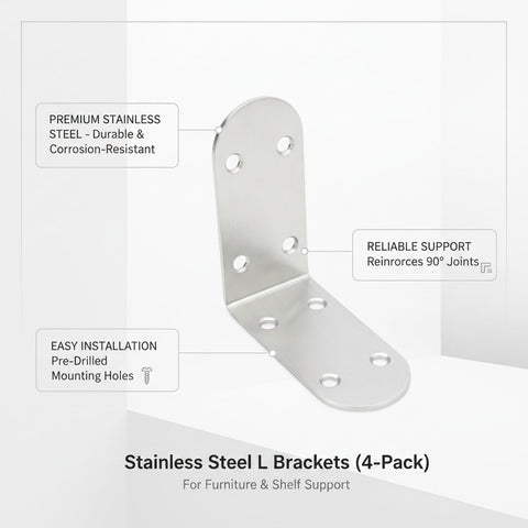 Rock Solid Stainless Steel L Brackets 90 Degree Corner Brace For Furniture And Shelf Reinforcement 4 Pack product close-up