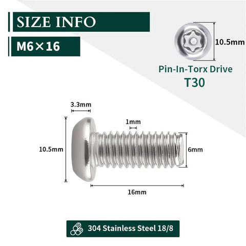 M6 x 16mm Badass M6 Security Torx Button Head Machine Screws 30 Pack Kit With Included T30 Driver Bit Made From Slick 304 Stainless Steel 18-8
