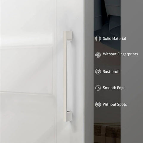 Side view of a zinc alloy cabinet handle with brushed satin nickel finish, highlighting features: solid material, rust-proof, smooth edge.