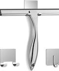 Front view of a 10-inch stainless steel shower squeegee with two adhesive hooks and wall-mount hardware, silver.