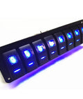 8 Gang 5 Pin On Off Waterproof Rocker Switch Panel with blue accent lighting, marine-grade aluminum for boats, cars, RVs, trailers.