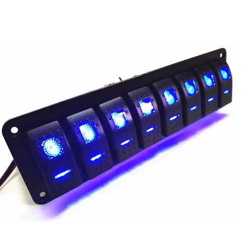 8 Gang 5 Pin On Off Waterproof Rocker Switch Panel with blue accent lighting, marine-grade aluminum for boats, cars, RVs, trailers.