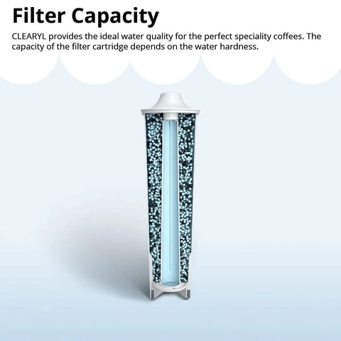 Cutaway view of a Clearyl Smart Coffee Machine water filter cartridge showing granular filter material.