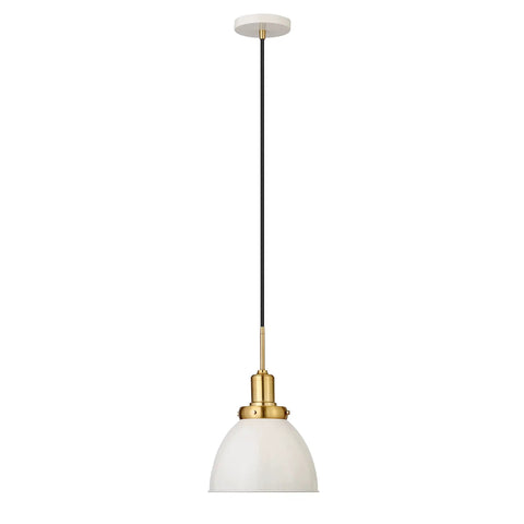 12 Inch Wide Pendant Light With Metal Shade In Pearled White And Brass Finish, Adjustable 8 Ft Cord, Hardwired Dome Fixture