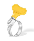 Stainless Steel Hose Clamps With Handles Adjustable Pipe Fixing Clamps For Gas And Water Lines Auto And Plumbing Use Corrosion Resistant 304 Grade Workhorse Heavy Duty Quick Fit For Easy DIY And Pro Installs, close-up view of clamp with yellow handle.