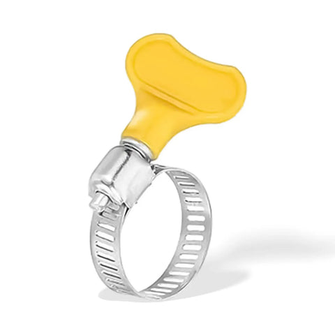 Stainless Steel Hose Clamps With Handles Adjustable Pipe Fixing Clamps For Gas And Water Lines Auto And Plumbing Use Corrosion Resistant 304 Grade Workhorse Heavy Duty Quick Fit For Easy DIY And Pro Installs, close-up view of clamp with yellow handle.