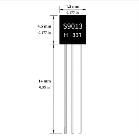 Diagram of an S9013 transistor in the Power Transistor Assortment Kit With 800 Pieces Across 32 Values For DIY Projects PNP And NPN Types TO92 Pack Includes 2N2222 2N2907 2N3904 2N3906 2N4401 2N4403 2N5401 2N5551 BC327 BC337 BC338 BC547 BC550 BC557 BC558 S9012 S9013 S9014 S9015 S8050 And More, showing dimensions.