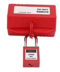 Rock Solid Industrial Power Plug Lockout Safety Box With Heavy Duty Padlock, bright red ABS case with a padlock.