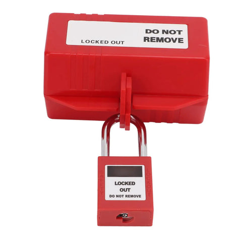 Rock Solid Industrial Power Plug Lockout Safety Box With Heavy Duty Padlock, bright red ABS case with a padlock.