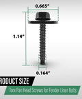 Fender Liner Bolts Kit 10 Pieces Torx Pan Head Screws For Chevy Silverado GMC Sierra Yukon Cadillac Escalade Buick Regal 2008 Through 2021 GM Vehicles Durable Auto Fasteners shown with dimensions 0.665” width, 1.14” length, 0.164” thread diameter.