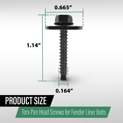 Fender Liner Bolts Kit 10 Pieces Torx Pan Head Screws For Chevy Silverado GMC Sierra Yukon Cadillac Escalade Buick Regal 2008 Through 2021 GM Vehicles Durable Auto Fasteners shown with dimensions 0.665” width, 1.14” length, 0.164” thread diameter.