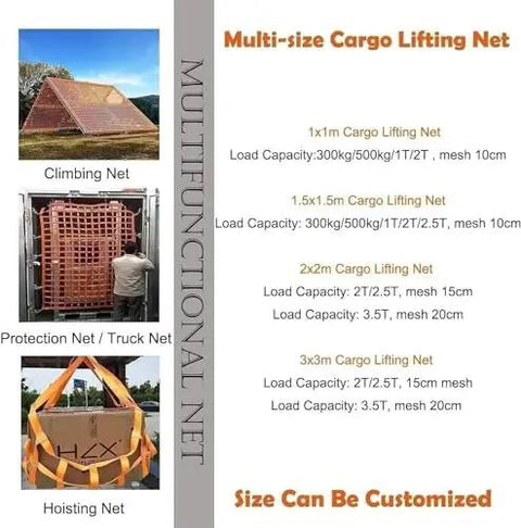 Multi-size Rugged Cargo Hoist Net Built Tough To Handle The Nitty Gritty Tear Resistant Straps for heavy lifting and securing.