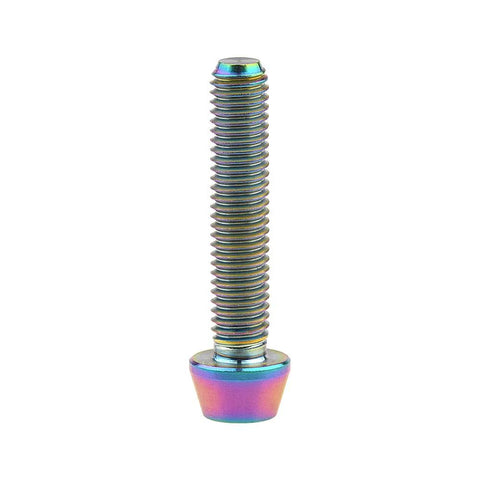 M5x25mm rainbow titanium bolt with tapered head, anodized multi-color finish for hardware use.