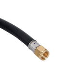 Close-up of black propane hose end with brass QCC1/Type1 connector.