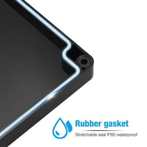 Corner view of a Waterproof ABS Plastic Electronics Project Box Enclosure 200mm By 120mm By 75mm Black with a highlighted rubber gasket