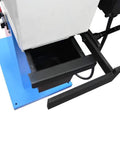 Commercial Workshop Prep Pro Shop Grade 3Hp Belt Sander For Knockout Heavy Duty Tube And Profile Metal Grinding With 4X78 Inch Sanding Belt On 220V 3 Phase, showing undercarriage and waste collection bin.