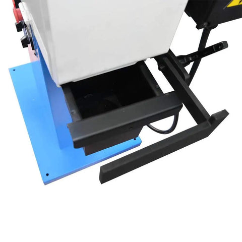 Commercial Workshop Prep Pro Shop Grade 3Hp Belt Sander For Knockout Heavy Duty Tube And Profile Metal Grinding With 4X78 Inch Sanding Belt On 220V 3 Phase, showing undercarriage and waste collection bin.