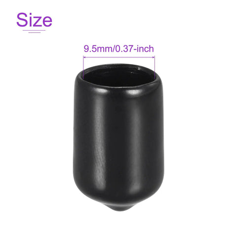 20 Pack Three Eighths Inch Black Screw Thread Protectors Rubber End Caps Bolt Covers For Screws Bolts Furniture Feet Pipe Ends And Fence Railings Nine Point Five Millimeter Inner Diameter Easy Snap On Durable Protective Caps, close-up view showing size of 9.5 mm inner diameter.