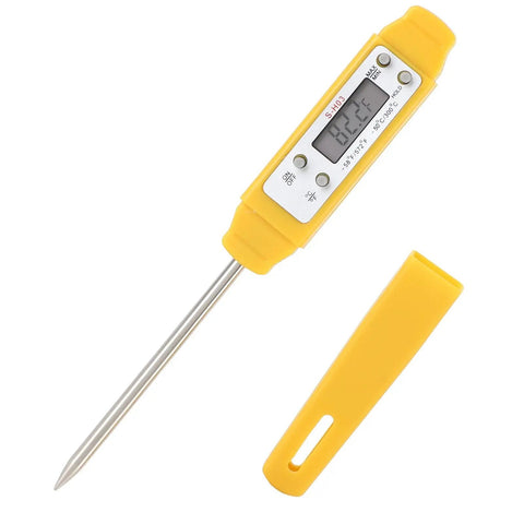 Digital Food Thermometer With Automatic Calibration For High Accuracy Cooking, Waterproof Pocket Thermometer, Yellow Finish With Cover