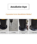 Installation steps for Built Like A Tank Full Weld Steel Driveway Guard showing positioning, drilling, hammering, and tightening.
