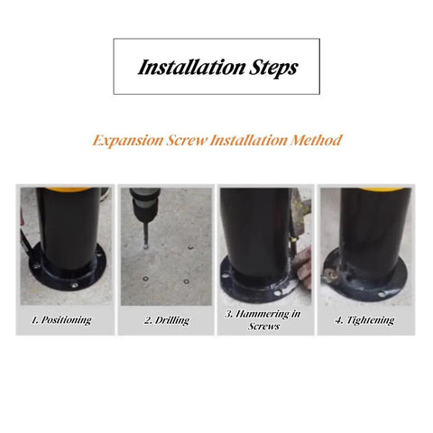 Installation steps for Built Like A Tank Full Weld Steel Driveway Guard showing positioning, drilling, hammering, and tightening.