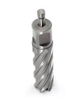 Annular cutter with Weldon shank, silver finish, spiral flutes front view