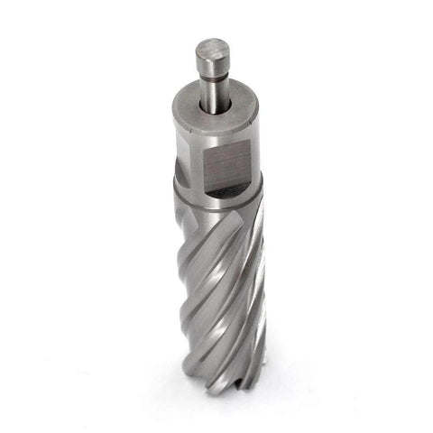 Annular cutter with Weldon shank, silver finish, spiral flutes front view