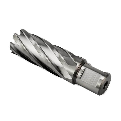 Oscarbide 7/8 in annular cutter, 2 in depth of cut, 3/4 in Weldon shank with pilot pin, angled view.