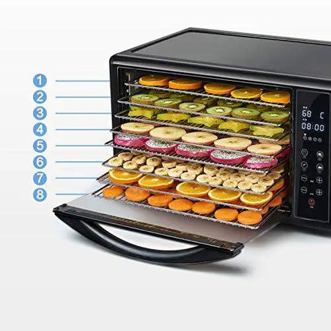 Reliable Digital Food Dehydrator With Eight Roomy Trays For Hassle Free Fruit Vegetable Herb And Homemade Pet Snack Drying Featuring Precise Heat Settings And Long Timer Controls with diverse fruits.