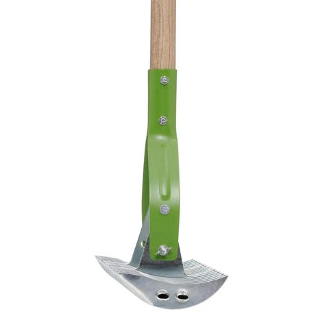 15 Inch Adjustable Self Cleaning Thatch Rake With Hardwood Handle For Lawn Care Curved Tines For Clearing Dead Grass Clippings Comfortable 10 Inch Grip Durable All Purpose Yard Rake, showing green metal attachment and curved tines.