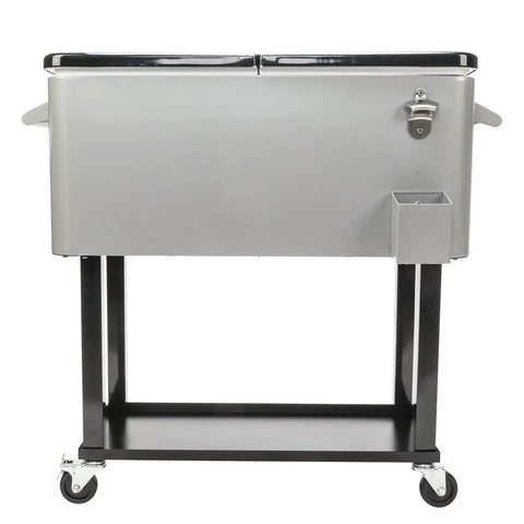 Front view of 80 Quart Rolling Cooler Cart For Outdoor Parties, Ice Chest Beverage Bar Stand Up Trolley With Locking Wheels, gray finish