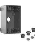 Single Gang Weatherproof Outdoor Electrical Box For One Half Inch Or Three Quarter Inch Conduit Built Tough UL Listed Junction Box For Outlets And Switches Gray PVC Exterior Fits Standard Covers And Inserts