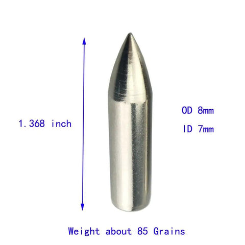 Glue On Field Points Archery Tips For 7mm Arrow Shafts, 1.368 Inch Long, 8mm Outside Diameter, 85 Grain Steel Points shown with measurements