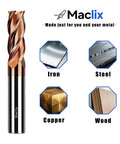 Maclix 2pc 1/4-inch carbide end mill set, 4-flute, 2-1/2-inch length; front view with iron, steel, copper and wood icons