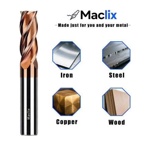 Maclix 2pc 1/4-inch carbide end mill set, 4-flute, 2-1/2-inch length; front view with iron, steel, copper and wood icons