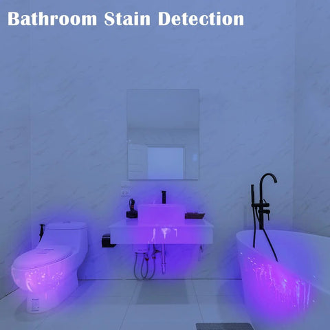 Waklyte 21-LED UV black light flashlight; purple glow shows bathroom stains