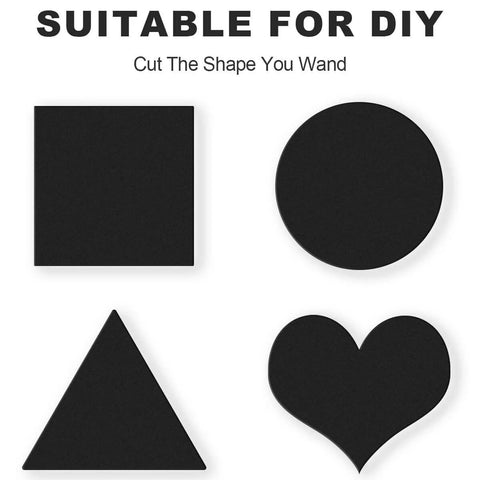 Black foam shapes from Self Adhesive Neoprene Foam Sheets, 5 Pcs, 12 By 8 By 1 Eighth Inch, for DIY projects, featuring square, circle, triangle, and heart.