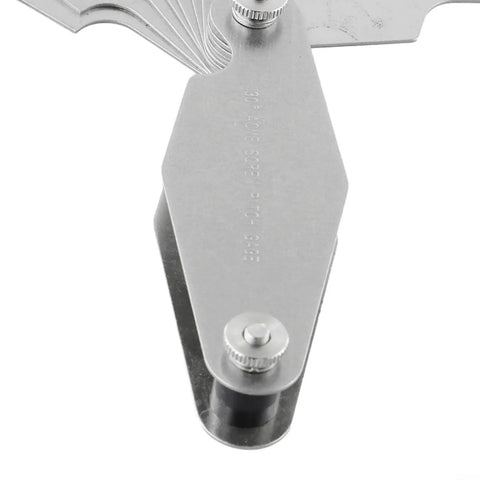 Pro Grade Thread Pitch Gauge For T Thread Measurement, 2P To 20P, close-up of stainless steel blades and screw mechanism
