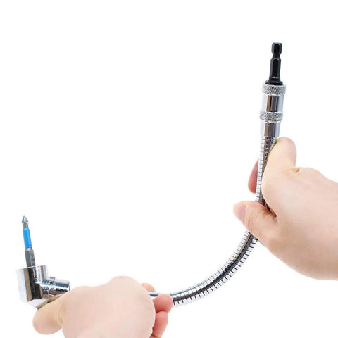 11.5 Inch Flexible Drill Bit Extension With Right Angle Adapter Magnetic Quick Change Hex Shank in hands for tight spaces