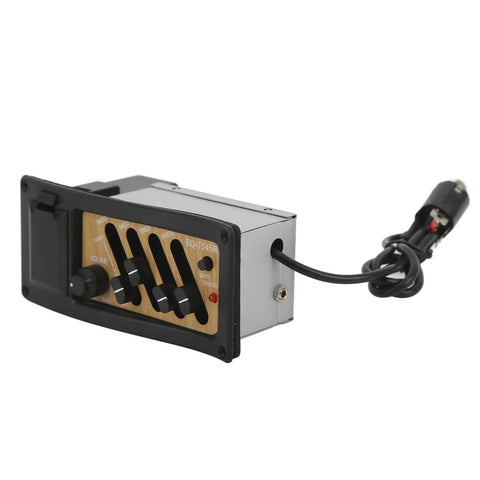 Acoustic Guitar Preamp With 4 Band EQ Equalizer Onboard Pickup System In Wood Grain Finish, showing prewired unit and control knobs