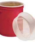 Heavy Duty Drop In Filter Strainer Insert For Five Gallon Buckets with red bucket and clear filter screen for oil cleanup.