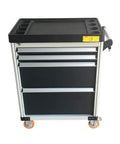Heavy Duty Steel Tool Trolley Featuring Four Lockable Drawers Rolling Workshop Chest And Mobile Garage Storage Cart With Ergonomic Build Rust Proof Finish Kick Ass Diy Organization Smooth Gliding Wheels side view with black drawers